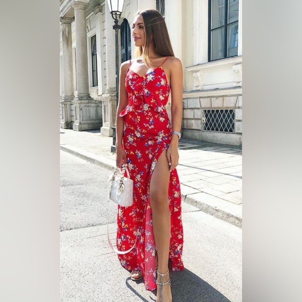 PrettyLittleThing Asymmetrical Ruffle Red Floral Dress With High Slit